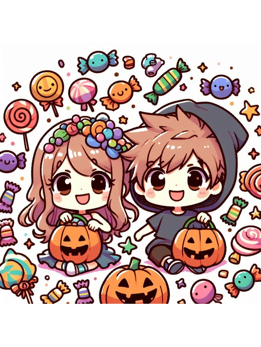 cute halloween drawings for kids 2, featuring a delightful illustration of two children surrounded by a variety of colorful, whimsical Halloween candies.